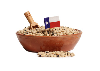 Uncooked Black Eyed Peas in Bowl With Texas Flag Isolated on White Background