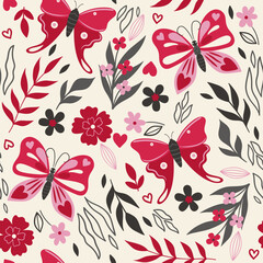 Seamless pattern with butterflies and flowers.Vector graphics.