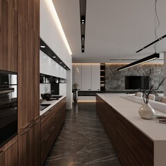 3D visualization of a modern living room, kitchen and dining area. Interior design concept. luxury interior