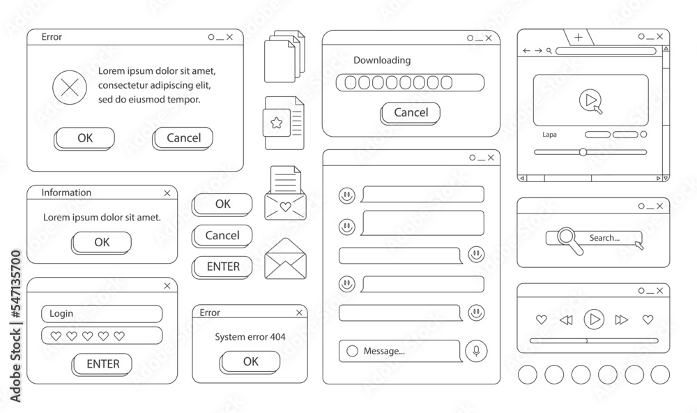 Poster set of retro stickers. doodle style. old desktop user interface elements. cute nostalgic computer ui