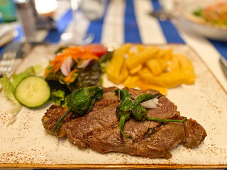 entrecote, with french fries salad hot paprika, Mallorca, Spain