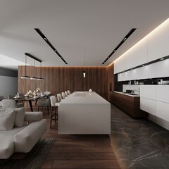 3D visualization of a modern living room, kitchen and dining area. Interior design concept. luxury interior