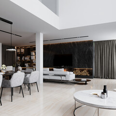 3D visualization of a modern living room, kitchen and dining area. Interior design concept. luxury interior