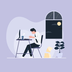 Businessman, the employee working hard and working overtime during the deadline, Working until midnight. Freelancers work in front of computers late at night while having coffee.