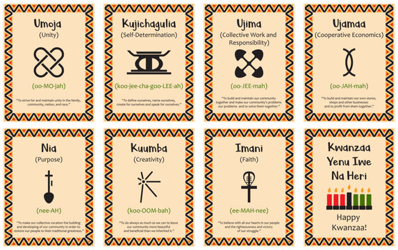 WebA set of cards with seven signs of the Kwanzaa principles. Symbol with names in Swahili. Poster with an ethnic African pattern in traditional colors. Vector illustration