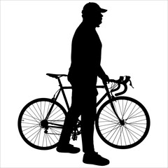 The guy in the cap holds the steering wheel of a bicycle in his hands. A young man with a bicycle. Side view. Sport. Sportsman. Cycling tourism. Black male silhouette isolated on white background