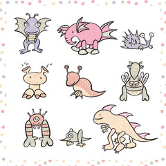 Monster doodle vector illustrations set.