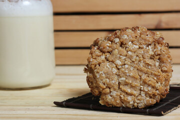 Oatmeal Peanut Butter Cookies With Almond Milk in Rustic Kitchen