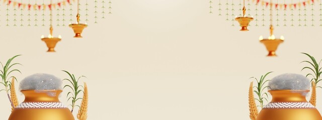 pongal festival in white background for web banner with pongal pot, sugar can, bull, speaker, diya and tradition music instrument, 3d render