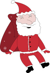 Funny Santa sticker isolated on white with cup of cacao and marshmallows, bag of presents, dancing, chilling, standing, drinking, sitting