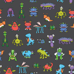 Obraz premium Monster doodle vector seamless pattern.