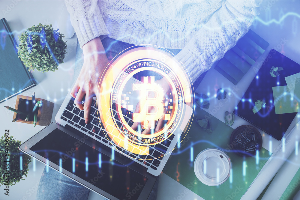 Poster double exposure of woman hands working on computer and blockchain theme hologram drawing. top view. 