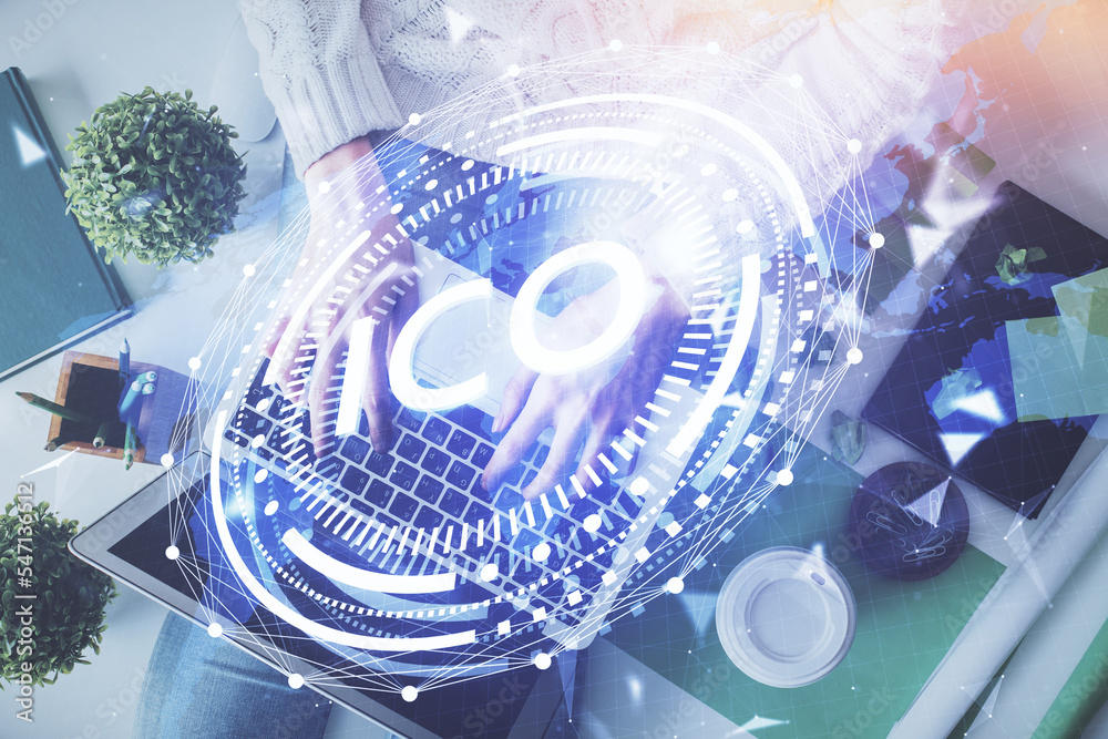 Poster Double exposure of woman hands working on computer and blockchain theme hologram drawing. Top View. bitcoin cryptocurrency concept.