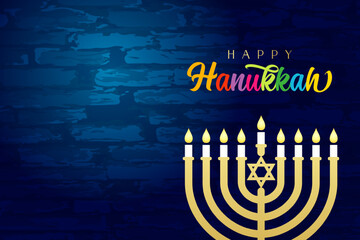 Happy Hanukkah lettering and menorah on brick wall. Jewish holiday Hanukka, greeting card with traditional Chanukah candles. Vector illustration