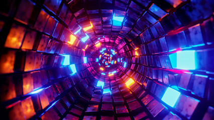Flying in a tunnel with glowing cubes. 3D rendering illustration.