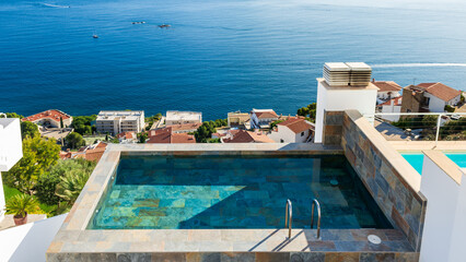 Scenery from an outdoor pool on top the hill in costa brava