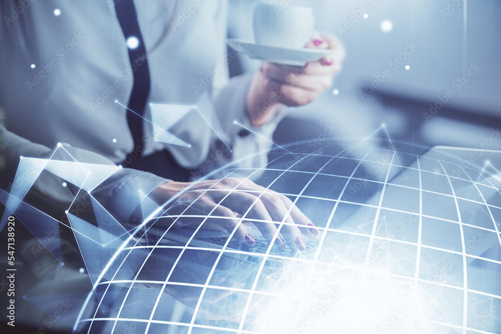 Poster double exposure of woman hands working on computer and world map hologram drawing. international tec