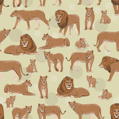 Seamless pattern with African lions Panthera leo. Lions, lionesses and cubes. wild animals of africa.