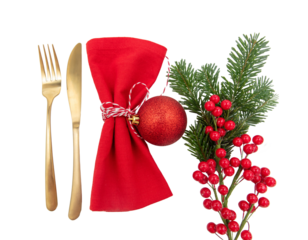 Christmas table setting, celebration dinner. Golden Cutlery and red cloth napkin isolated on transparent background, PNG,