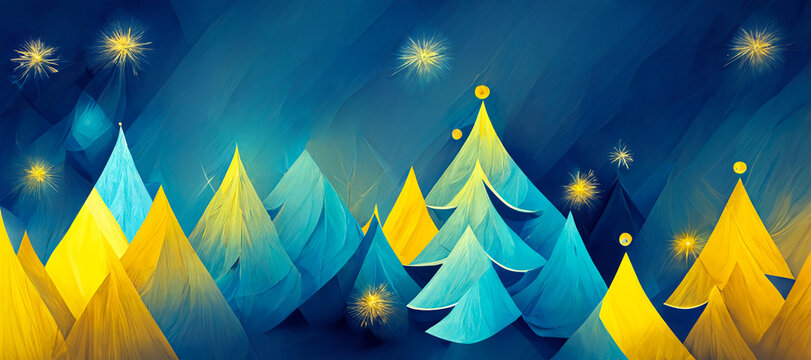 Christmas time. Abstract paint art of christmas trees in colorful glowing winter landscape. Digital art image.