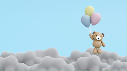 Bear flying above clouds using pastel balloons with blue background. 3D illustration. Design for baby shower.