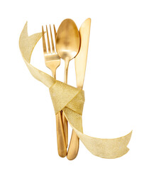 Gold cutlery and ribbon decoration isolated on transparent background, PNG. Christmas table setting...