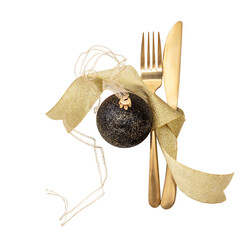 Gold cutlery and Christmas bauble decoration isolated on transparent background, PNG,