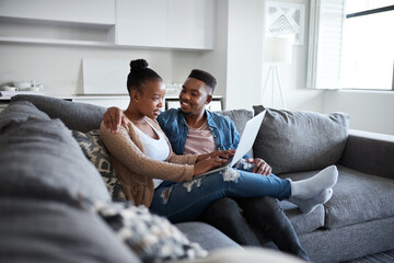 Laptop, love or happy black couple in living room sofa, search for film or movie online website,...