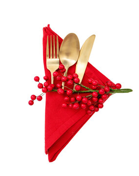 Christmas Table Setting, Celebration Dinner. Golden Cutlery And Red Cloth Napkin Isolated On Transparent Background, PNG,