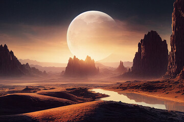 an alien planet landscape with a giant moon in the distance digital art illustration - obrazy, fototapety, plakaty