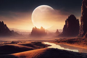 Foto op Canvas an alien planet landscape with a giant moon in the distance digital art illustration © Ozis