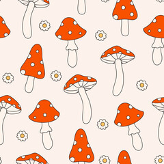 Seamless vector pattern with funky poisonous mushrooms. 60s and 70s style groovy amanita background. Hand drawn vintage toadstools texture