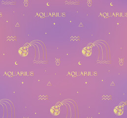 Zodiac Aquarius Golden Background Seamless Pattern. Astrology Signs