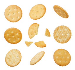 Set of round crackers and broken cut out on a white background.