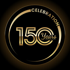 150th Anniversary Celebration. Anniversary logo design with double line style and gold color ring for celebration event, wedding, invitation, greeting card. Vector illustration