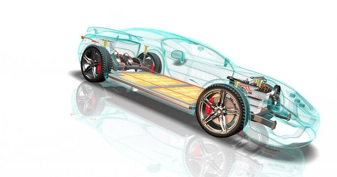 Electric sport vehicle with internal parts. Electric battery is visible. Wireframe body. Sustainable energy. Futuristic technology 4k 3d concept animation.