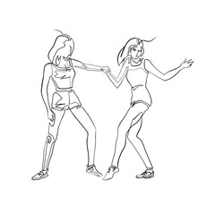Fototapeta na wymiar Dancing women - vector drawing, continuous line vector clipart