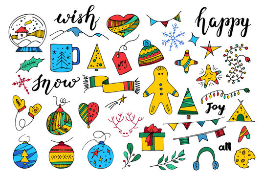 A large set of Christmas pictures in doodle style, New Year's illustrations for greeting card design, for design of a poster, banner, print. Vector hand drawn color clipart