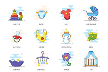Obraz premium Baby elements web concept stroke flat line icons isolated set. Kid bedroom items bundle. Graphic linear symbols collection for website design. Conceptual pack outline pictograms for mobile app
