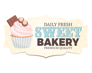 Sweet bakery label with cupcakes. Cute vintage style.