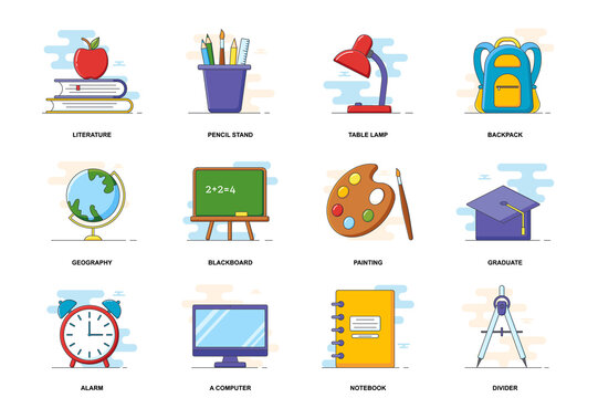Education web concept stroke flat line icons isolated set. Study at lessons items bundle. Graphic linear symbols collection for website design. Conceptual pack outline pictograms for mobile app