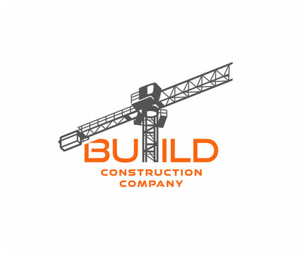 Construction tower crane in construction site logo design. Heavy industrial machinery equipment at building site vector design. City infrastructure development logotype