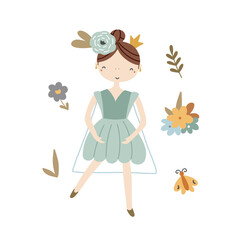 Childish vector illustration of cute dancing princess in boho style isolated on white background for your design