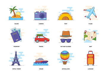 Travel web concept stroke flat line icons isolated set. Tourism vacation items bundle. Graphic linear symbols collection for website design. Conceptual pack outline pictograms for mobile app
