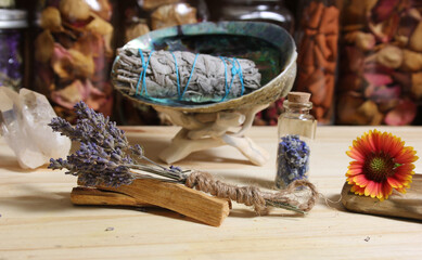 Dried Lavender With Palo Santo Wood and Abalone Shell For Smudging Ritual