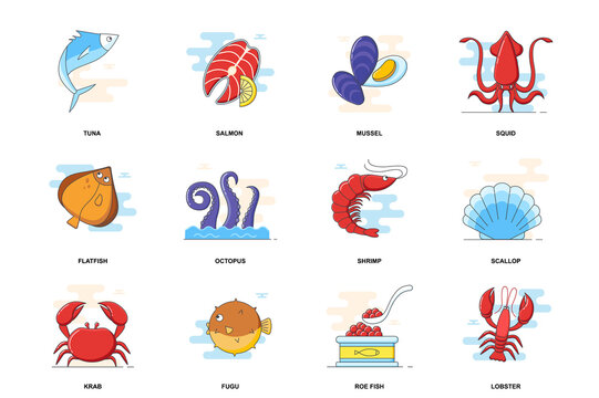 Seafood web concept stroke flat line icons isolated set. Fishes or shellfish menu bundle. Graphic linear symbols collection for website design. Conceptual pack outline pictograms for mobile app