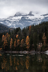 Reflection of the Dolomites peaks in Tovel Lake during a clody autumn day, Northern Italy