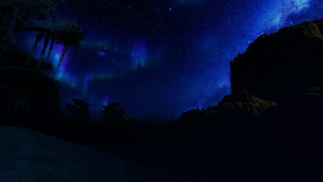Aurora borealis on starry sky, flight over mountain peaks with tree silhouettes, 4K