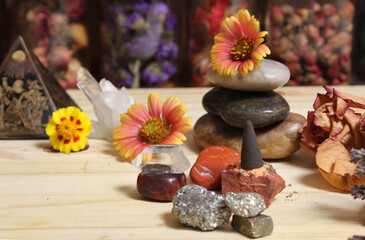 Incense Cone on Stone Slab With Crystals and Flowers