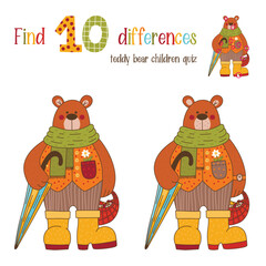 Children quiz find 10 differences fairytale bear vector illustration